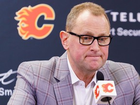 Calgary Flames general manager Brad Treliving speaks to media at the Scotiabank Saddledome in Calgary on Monday, March 21.