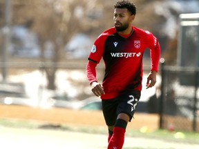 Cavalry FC Mikael Cantave scored a goal in the 64th minute.in a 2-2 draw against the Forge in the first game of the Canadian Premier League season. Jim Wells/Postmedia