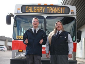 Calgary Transit White Hat nominees Grant Massie and Catherine DeWolfe pose in Calgary on April 12.