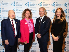 (L-R) Lou MacEachern, Arlene Dickinson, Ron Mathison (2023 Alberta Business Hall of Fame inductees) and Breanne Everett (inaugural 2023 Innovator award recipient) pose in Calgary on Monday, April 24, 2023.