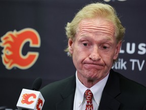 Don Maloney, the Calgary Flames’ new president of operations and interim general manager, speaks about the departure of Brad Treliving at the Scotiabank Saddledome on Monday, April 17, 2023.