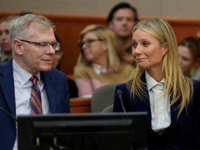 Actor Gwyneth Paltrow and attorney Steve Owens react as the verdict is read in her civil trial over a collision with another skier on March 30, 2023, in Park City, Utah. (Photo by Rick Bowmer-Pool/Getty Images)