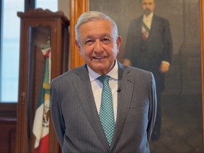 Mexican President Andres Manuel Lopez Obrador speaks during a video message posted online where he says he is doing well after a bout with COVID-19, at the National Palace in Mexico City, Mexico, April 26, 2023.