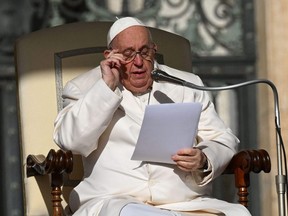 Pope Francis speaks during the weekly general audience at St. Peter's square in The Vatican, Wednesday, March 29, 2023.