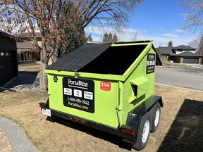 A PortaBin can easily and safely be parked on a lawn for a homeowner to fill with debris, and then have towed away. A three-day rental period, bin pickup and dumping fees are included in the cost, either $349 for one that can hold 500 kg, or $399 for one that can hold 1,000 kg. SUPPLIED