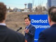 Devin Dreeshen, minister of transportation and economic corridors, announces funding for Deerfoot Trail improvements in Calgary on Wednesday, April 26.