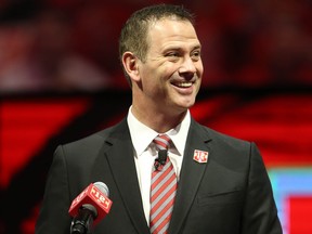 Craig Conroy during Jarome Iginla's jersey ceremony at the Scotiabank Saddledome in Calgary on March 3, 2019.