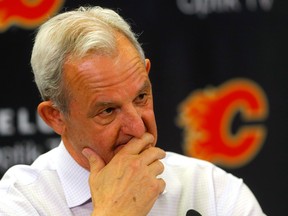 Calgary Flames head coach Darryl Sutter speaks to media after beating the San Jose Sharks in NHL action at the Scotiabank Saddledome in Calgary on April 12.