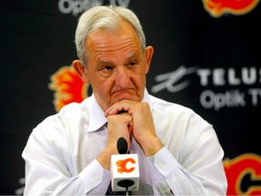 Calgary Flames head coach Darryl Sutter speaks to media at the Scotiabank Saddledome in Calgary on Wednesday, April 12, 2023.