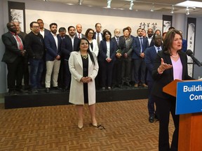 Alberta Premier Danielle Smith announces details of the Premier’s Council on Multiculturalism and further implementation of the Alberta Anti-racism Action Plan, at the Chinese Cultural Centre in Calgary on April 14, 2023.