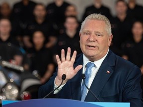 Ontario Premier Doug Ford answers questions during a press conference at the Toronto Police College in Etobicoke, Ont., on Tuesday, April 25, 2023.