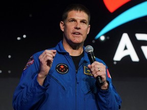 Canadian astronaut Jeremy Hansens speaks at an NASA event during which the crew of the Artemis II space mission to the moon and back is announced in Houston, Texas, U.S., April 3, 2023.
