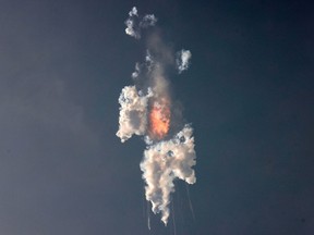 SpaceX's next-generation Starship spacecraft, atop its powerful Super Heavy rocket, explodes after its launch from the company's Boca Chica launchpad on a brief uncrewed test flight near Brownsville, Texas, U.S. April 20, 2023.