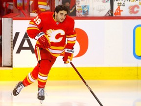 Calgary Flames forward Matt Coronato during warm-up before taking on the San Jose Sharks in at the Scotiabank Saddledome in Calgary on Wednesday, April 12, 2023.