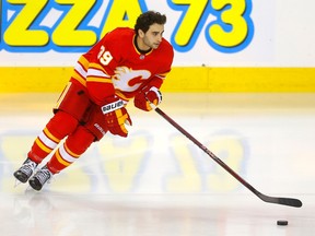 Forward Matt Coronato warms up for his Calgary Flames debut at the Scotiabank Saddledome in Calgary on Wednesday, April 12, 2023.