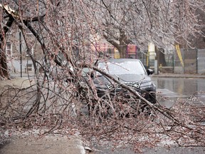 Fallen tree branches are shown on a street following an accumulation of freezing rain in Montreal, Wednesday, April 5, 2023.