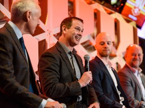 Craig Conroy speaks during the Calgary Flames’ 40th season luncheon at Scotiabank Saddledome on March 9, 2020.