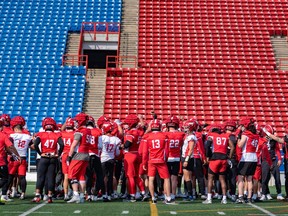 The Calgary Stampeders practise at McMahon Stadium on Friday, May 19, 2023.