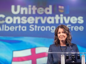 Danielle Smith celebrates the UCP's win and her re-election as premier in the 2023 Alberta election at the UCP watch party on the election night at Big Four Building in Calgary on Monday, May 29, 2023.