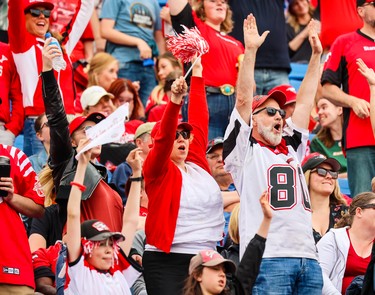 Calgary Stampeders fans cheer during the preseason game between the Calgary Stampeders and Edmonton Elks at McMahon Stadium in Calgary on Monday, May 22, 2023.  
Gavin Young/Postmedia