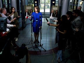 UCP Leader Danielle Smith speaks to the media following a debate with Alberta NDP Leader Rachel Notley at CTV Edmonton, Thursday May 18, 2023.