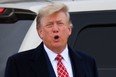 Former US President Donald Trump speaks to members of the media on the tarmac after disembarking "Trump Force One" at Aberdeen airport on the north-east coast of Scotland on May 1, 2023, at the start of his first visit to the country since losing the presidency.