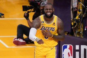Los Angeles Lakers forward LeBron James (6) reacts to a play against the Denver Nuggets during the fourth quarter in game four of the Western Conference Finals for the 2023 NBA playoffs at Crypto.com Arena May 22, 2023.