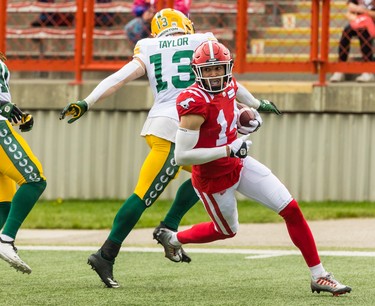 Calgary Stampeders wide receiver Clark Barnes scores a touchdown on the Edmonton Elks during CFL preseason action at McMahon Stadium in Calgary on Monday, May 22, 2023.  
Gavin Young/Postmedia