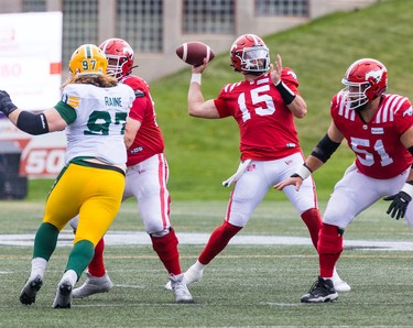 Calgary Stampeders quarterback Tommy Stevens throws a pass during CFL preseason action against the Edmonton Elks at McMahon Stadium in Calgary on Monday, May 22, 2023.  
Gavin Young/Postmedia
