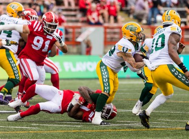 The Calgary Stampeders and Edmonton Elks tangle during CFL preseason action at McMahon Stadium in Calgary on Monday, May 22, 2023.  
Gavin Young/Postmedia