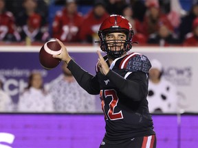 Calgary Stampeders quarterback Jake Maier lines up a pass during play against the Saskatchewan Roughriders during CFL action at McMahon Stadium on Saturday, October 29, 2022.