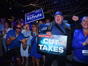 UCP supporters cheer on the win during the 2023 election results at the Big Four Building in Calgary on Monday, May 29, 2023.