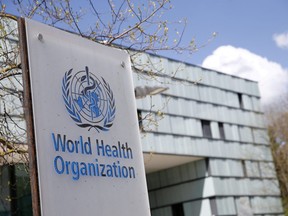 A logo is pictured outside a building of the World Health Organization (WHO) in Geneva, Switzerland, April 6, 2021.