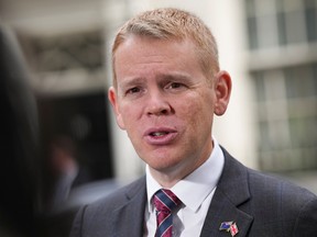 New Zealand's Prime Minister Chris Hipkins speaks to the media at Downing Street in London May 5, 2023.