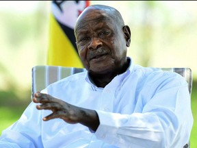 Uganda's President Yoweri Museveni speaks during a Reuters interview at his farm in Kisozi settlement of Gomba district, in the Central Region of Uganda, Jan. 16, 2022.
