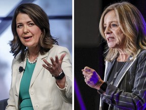 This compilation photo shows Danielle Smith, left, as she speaks at an economic forum in Calgary on April 18, 2023, and Rachel Notley as she addresses the Calgary Chamber of Commerce on Dec. 15, 2022.