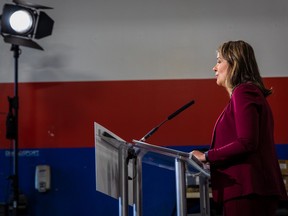 UCP leader Danielle Smith makes a campaign announcement at Braeside Automotive in Calgary on Thursday, May 4.