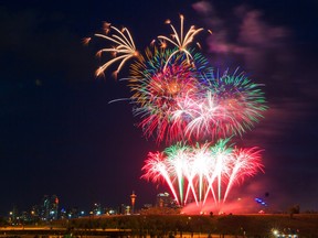 Fireworks celebrate Canada Day, in Calgary on Thursday, July 1, 2021.