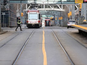 A CTrain passes through downtown Calgary in this file photo.