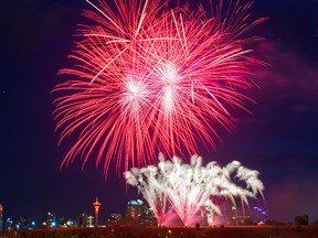 Fireworks celebrate Canada Day in Calgary on July 1, 2021.