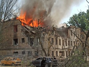 This handout photograph released on May 26, 2023 shows a fire at a medical facility, the site of a missile strike, in the city of Dnipro, Ukraine.