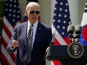 U.S. President Joe Biden answers a question about the Republican position on the U.S. debt limit as he walks away from the podium at the conclusion of a joint news conference with South Korea's President Yoon Suk Yeol in the Rose Garden of the White House in Washington, U.S. April 26, 2023.