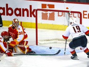 Calgary Wranglers goalie Dustin Wolf is scored on by the Coachella Valley Firebirds during Game 1 of the Pacific Division final at the Scotiabank Saddledome in Calgary on Thursday, May 11, 2023.