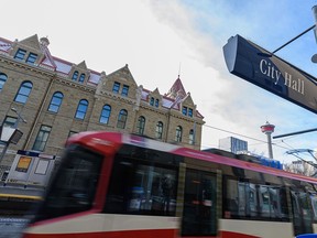 A CTrain passes through the City Hall station in downtown Calgary.