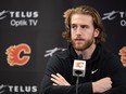 Calgary Flames Noah Hanifin speaks with the media at the Scotiabank Saddledome on Friday, April 14, 2023.