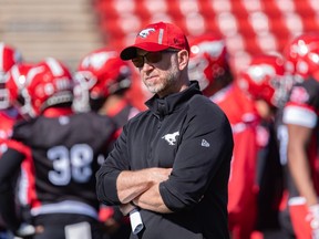 Dave Dickinson looks one at Calgary Stampeders practice on May 15,2023.