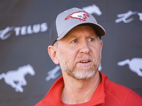 Calgary Stampeders head coach Dave Dickenson speaks with the media at McMahon Stadium on Wednesday, June 7, 2023.