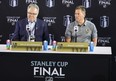 Vegas Golden Knights general manager Kelly McCrimmon (L) and head coach Bruce Cassidy attend media day.