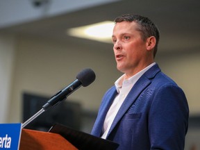 Nate Horner, president of treasury board and minister of finance, speaks during an announcement that the Alberta government will extend the fuel tax pause program through to Dec. 31. The announcement was made at New West Truck Centres in Calgary on Monday, June 19, 2023.