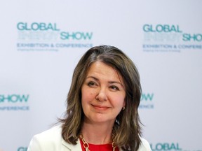 Alberta Premier Danielle Smith speaks with media at the Global Energy Show in Calgary on June 13, 2023.